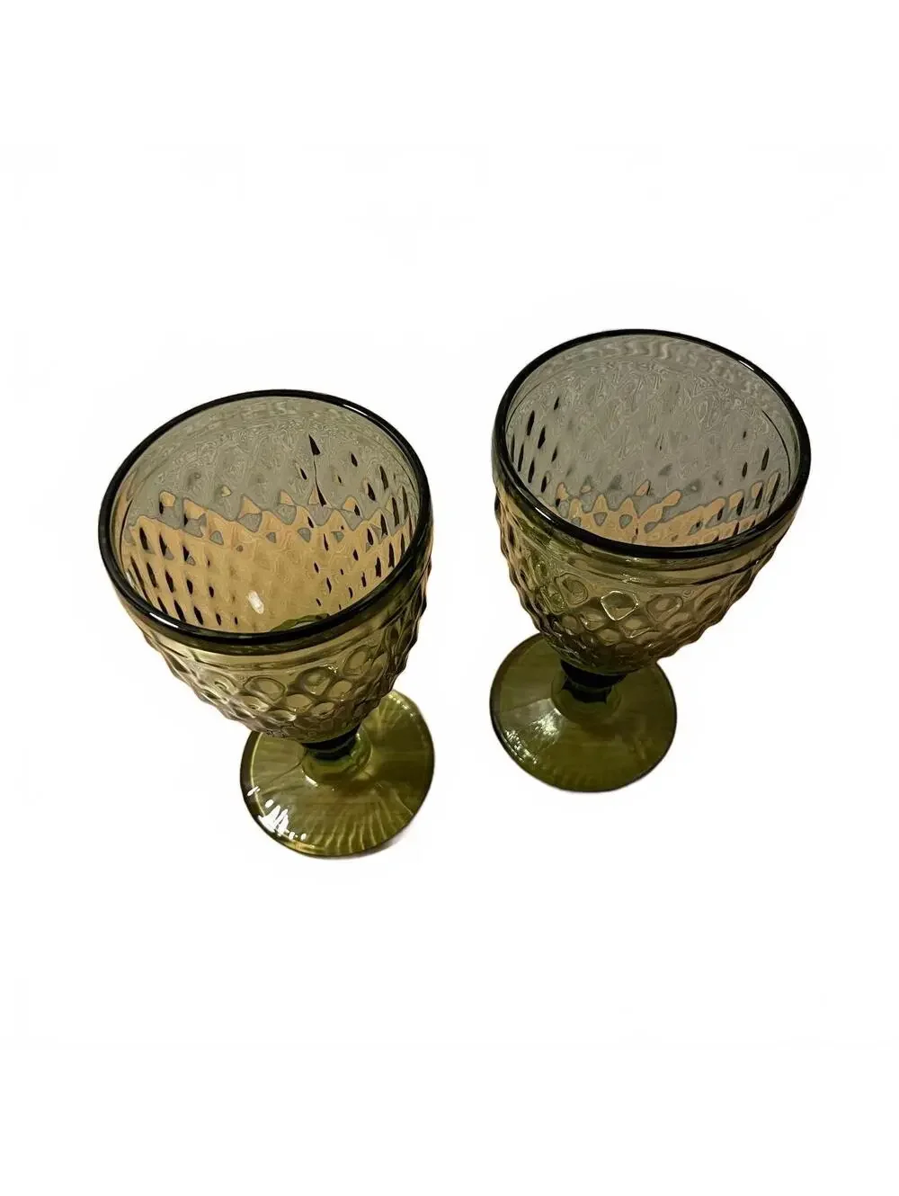 Vintage Olive Green Pressed Glass Goblets (Set of 2)